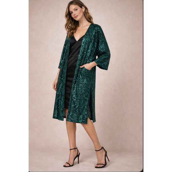 Skies Are Blue Jackets & Blazers - Anthropologie Skies Are Blue Green Sequin Topper Kimono Sash NWT XS/S